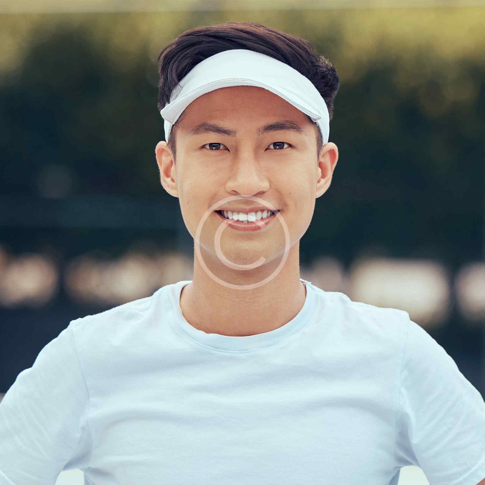 Face portrait of tennis player training for competition on court, learning game of sports for fitness and sport exercise for health in summer. Asian and happy man and athlete ready for cardio workout